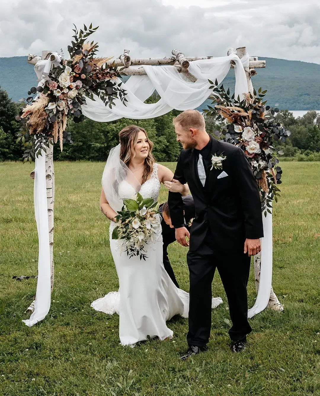 A bride and groom walking together
